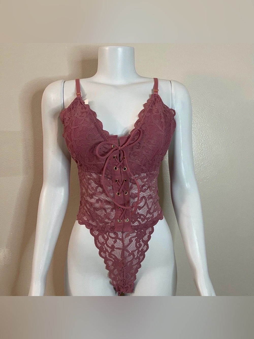 Mauve pink front lace up removable pads lace teddy bodysuit